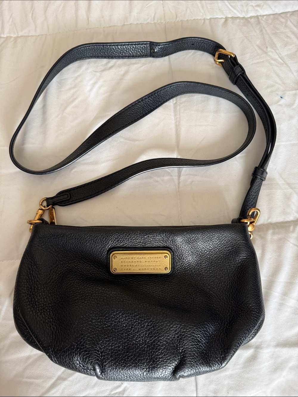Marc Jacobs Black Pebbled Leather Mini Crossbody with Gold Plaque Logo